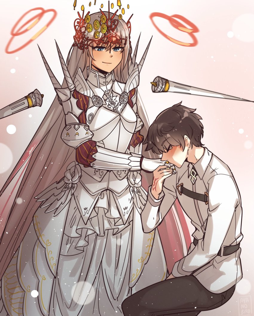 absurdres, armor, ayanobro, black_hair, blue_eyes, chaldea_uniform, command_spell, crown, fate/grand_order, fate_(series), fujimaru_ritsuka_(male), grey_hair, highres, kiss, kissing_hand, long_hair, multicolored_hair, pink_hair, queen, short_hair, shoulder_spikes, skirt, smile, spikes, tan, tiara, very_long_hair, zenobia_(authentic_triumph)_(fate), zenobia_(fate)