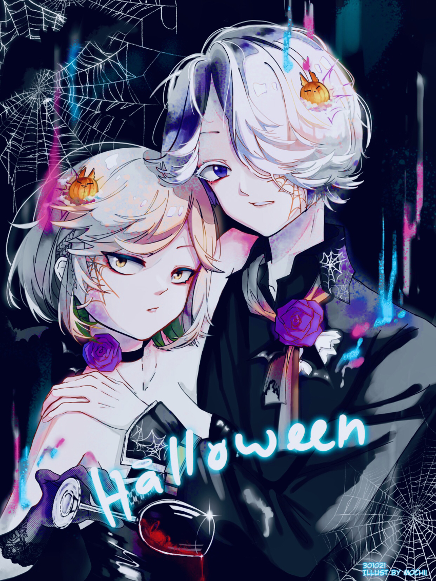 1boy, 1girl, artist_name, black_background, blue_eyes, braid, choker, dated, flower, hair_ornament, hair_over_one_eye, halloween, highres, hinata_haruka_(kemono_jihen), hito_barahiko, kemono_jihen, mochii_pokanyan, pale_skin, silk, spider_web, yellow_eyes