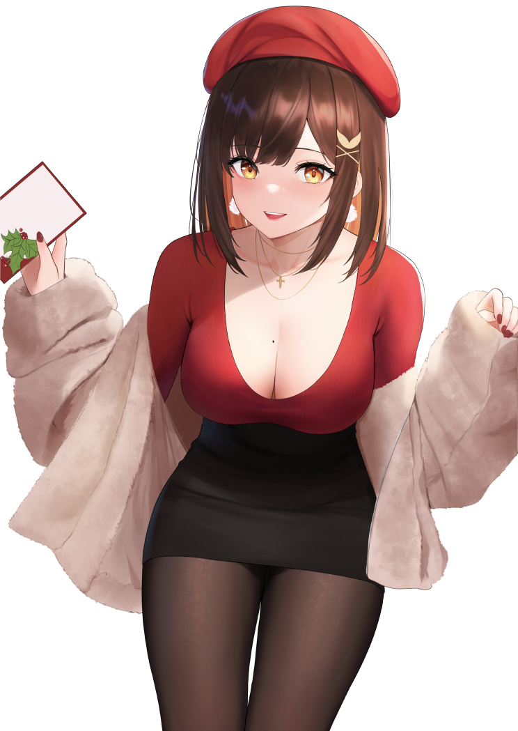 1girl, abab_xiaxia, beret, black_pantyhose, black_skirt, blunt_bangs, blush, bra_visible_through_clothes