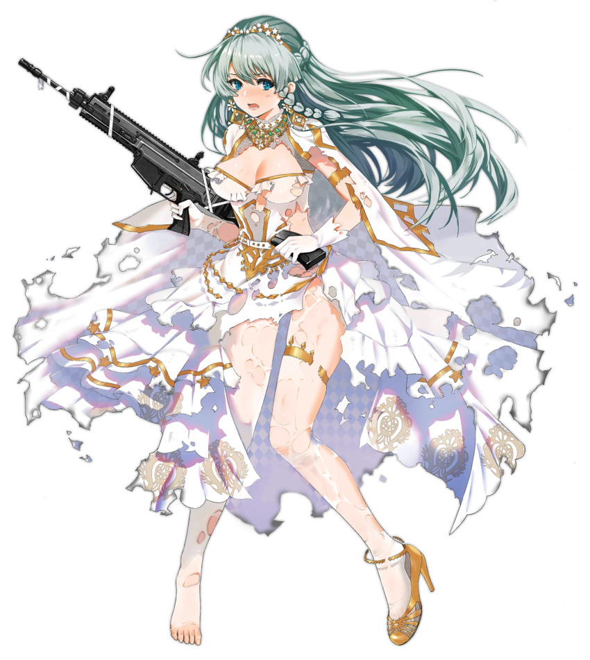 1girl, aqua_hair, assault_rifle, blue_eyes, blush, braid, breasts, cleavage