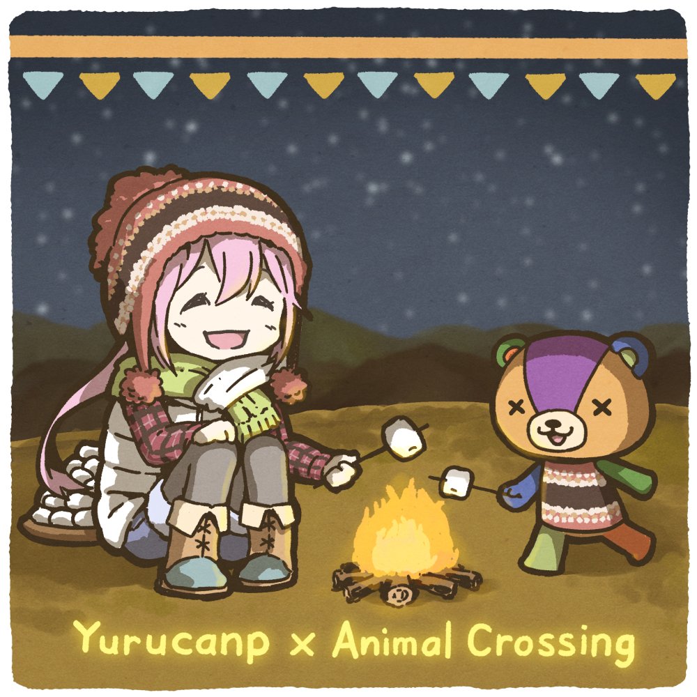 1girl, animal_crossing, blush, boots, brown_footwear, campfire, closed_eyes, copyright_name
