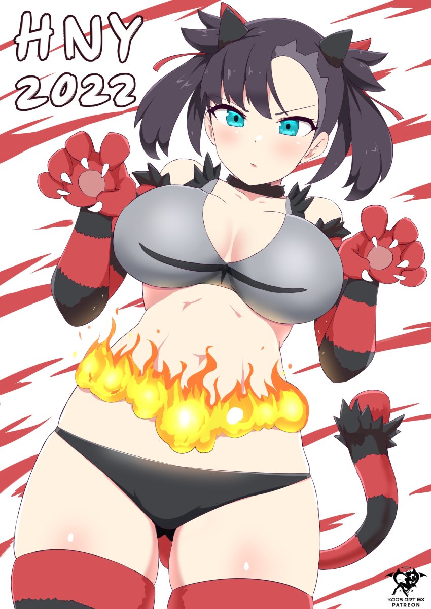 1girl, absurdres, alternate_breast_size, animal_hands, artist_logo, asymmetrical_bangs, belt, bikini, black_choker, black_hair, blush, breasts, choker, cosplay, fire, gen_7_pokemon, gloves, green_eyes, hair_ribbon, highres, incineroar, incineroar_(cosplay), kaos_art, large_breasts, logo, looking_at_viewer, marnie_(pokemon), medium_hair, nintendo, paw_gloves, pokemon, pokemon_sword_and_shield, red_ribbon, ribbon, solo, swimsuit, tail, tiger_paw, tiger_tail