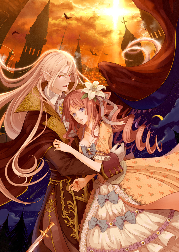 1boy, 1girl, bat_(animal), blood, blue_eyes, brown_hair, cape, dress, drill_hair, fang, flower, hair_ornament, hug, jewelry, original, pointy_ears, red_eyes, ring, ronce, sword, tears, vampire, weapon, white_hair