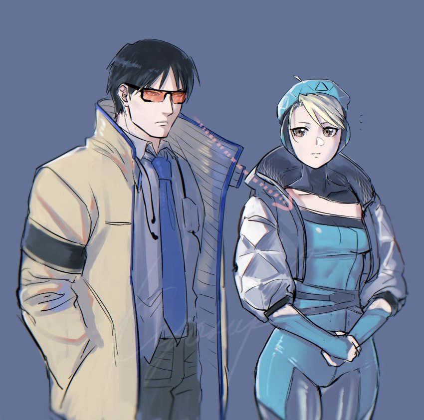 1boy, 1girl, apex_legends, arrow_(symbol), bailian, beige_jacket, beret, black_eyes, black_hair, blonde_hair, blue_gloves, blue_necktie, blue_shirt, breasts, collared_shirt, cosplay, crypto_(apex_legends), crypto_(apex_legends)_(cosplay), fullmetal_alchemist, gloves, grey_jacket, hair_behind_ear, hand_in_pocket, hat, haute_drop_wattson, highres, inconspicuous_crypto, jacket, looking_down, necktie, own_hands_together, riza_hawkeye, roy_mustang, shirt, small_breasts, sunglasses, wattson_(apex_legends), wattson_(apex_legends)_(cosplay)