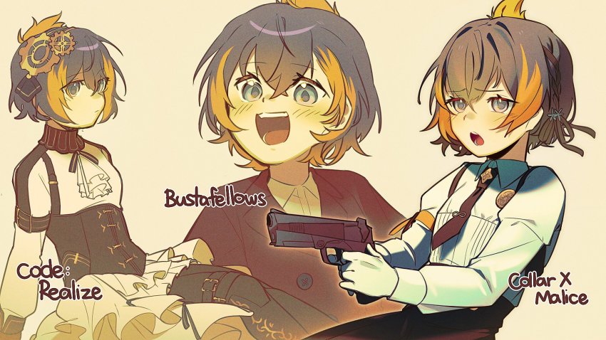 1girl, black_corset, black_jacket, blue_eyes, bustafellows, cardia_beckford, cardia_beckford_(cosplay), code:realize, collar_x_malice, collared_shirt, commentary, copyright_name, corset, cosplay, english_commentary, gear_hair_ornament, grey_eyes, gun, handgun, highres, holding, holding_gun, holding_weapon, hoshino_ichika, hoshino_ichika_(cosplay), jacket, mini/, multicolored_hair, multiple_views, necktie, nijisanji, nijisanji_en, open_mouth, petra_gurin, pistol, red_necktie, shirt, short_hair, streaked_hair, teuta, teuta_(cosplay), virtual_youtuber, weapon, white_shirt