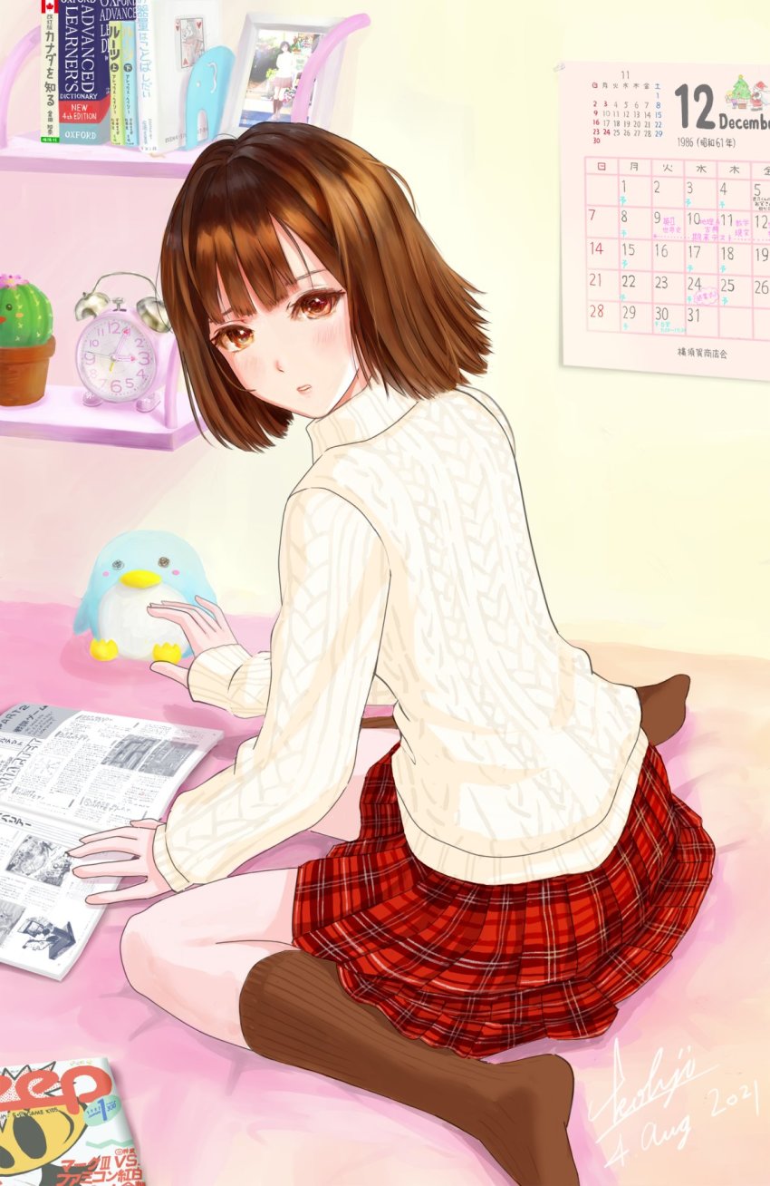 alarm_clock, bed, bed_sheet, bedroom, blush, brown_eyes, brown_hair, brown_socks, cactus, calendar_(object), clock, harasaki_nozomi, highres, kohji, looking_at_viewer, looking_back, medium_hair, on_bed, parted_lips, patterned_clothing, plaid_clothes, plaid_skirt, reading, sega, shenmue, shenmue_i, signature, sitting, skirt, socks, studying, stuffed_toy, sweater, turtleneck, white_sweater