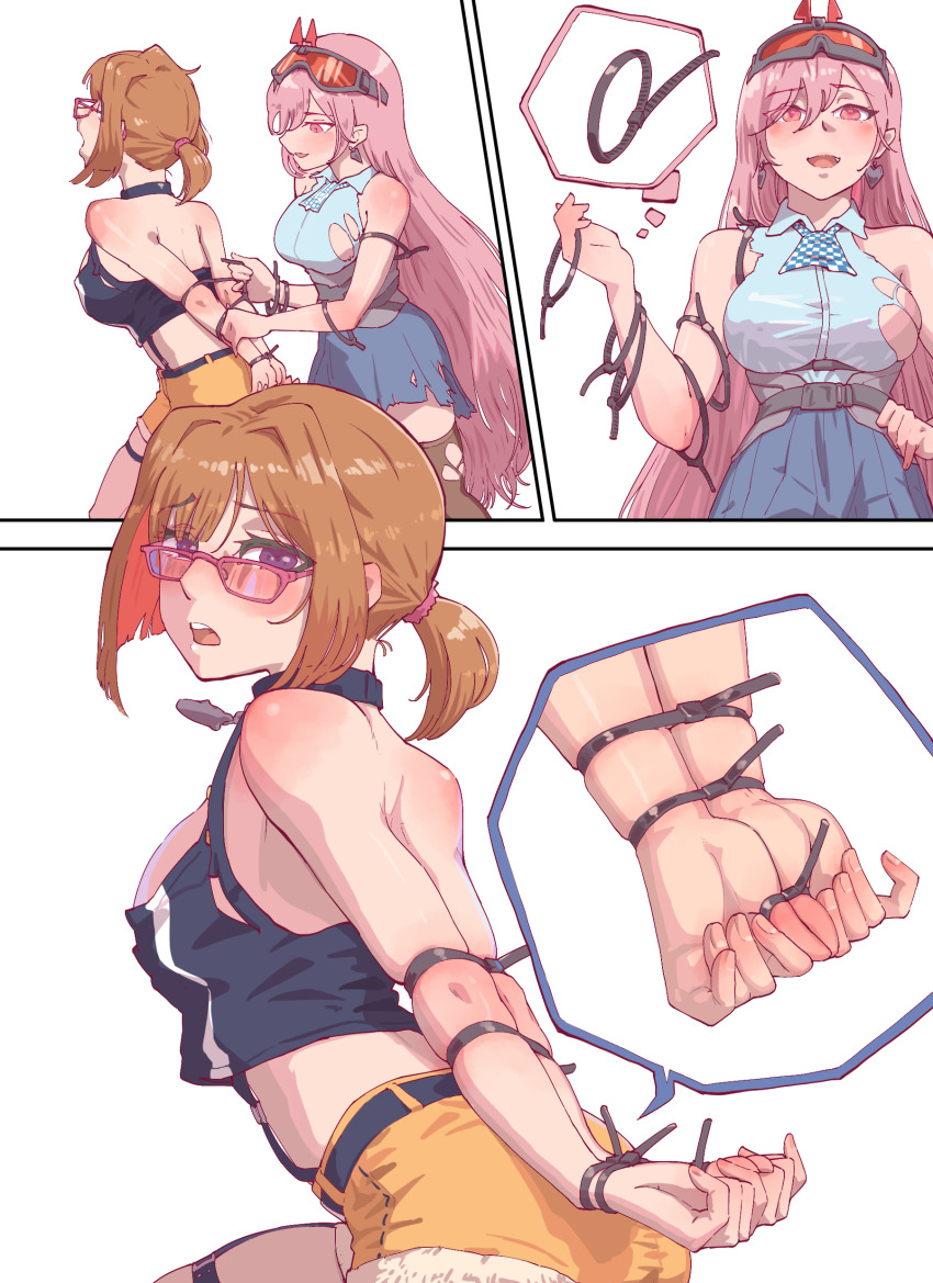 2girls, absurdres, bdsm, bondage, bound, breasts, cable_tie, commission, girls'_frontline, grizzly_mkv_(girls'_frontline), grizzly_mkv_(weekend_cop)_(girls'_frontline), hair_ornament, hair_scrunchie, highres, leveen, medium_breasts, multiple_girls, official_alternate_costume, ponytail, purple_eyes, red-framed_eyewear, restrained, scrunchie, second-party_source, short_hair, short_ponytail, short_shorts, shorts, sig_mcx_(girls'_frontline), skindentation, tank_top, thigh_strap, torn_clothes, v-shaped_eyebrows, yellow_shorts