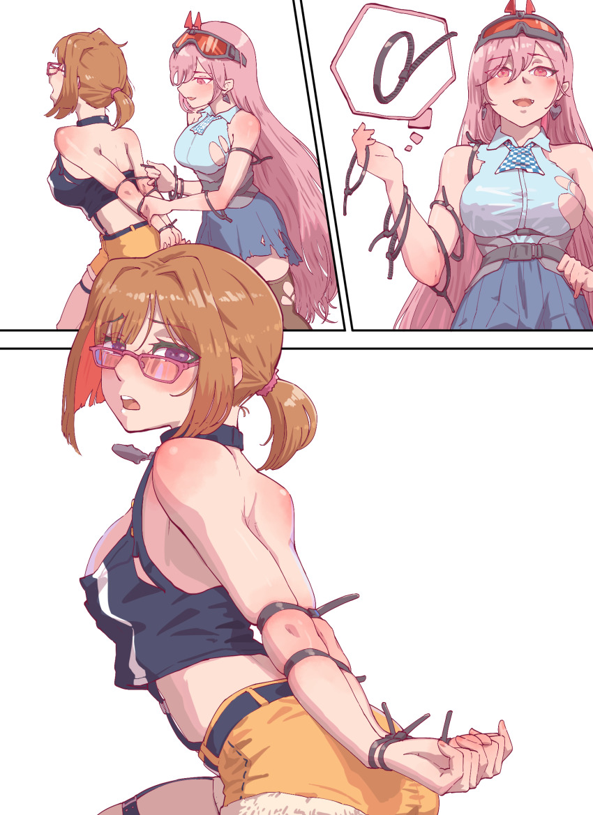 2girls, absurdres, bdsm, bondage, bound, breasts, cable_tie, commission, girls'_frontline, glasses, grizzly_mkv_(girls'_frontline), grizzly_mkv_(weekend_cop)_(girls'_frontline), hair_ornament, hair_scrunchie, highres, leveen, medium_breasts, multiple_girls, official_alternate_costume, ponytail, purple_eyes, red-framed_eyewear, restrained, scrunchie, second-party_source, short_hair, short_ponytail, short_shorts, shorts, skindentation, tank_top, thigh_strap, torn_clothes, v-shaped_eyebrows, yellow_shorts
