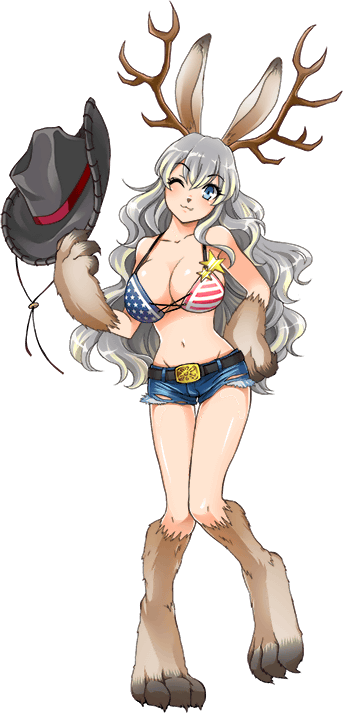 1girl, american_flag, american_flag_bikini, american_flag_print, animal_ears, animal_feet, animal_hands, animal_nose, antlers, bare_shoulders, belt, belt_buckle, bikini, black_hat, blue_eyes, breasts, buckle, cowboy_hat, denim, denim_shorts, flag_print, flag_print_bikini, full_body, hair_between_eyes, hat, holding, holding_unworn_clothes, holding_unworn_hat, horns, jackalope, kalolo_(monster_musume), large_breasts, long_hair, midriff, monster_musume_no_iru_nichijou, monster_musume_no_iru_nichijou_online, navel, official_art, one_eye_closed, print_bikini, rabbit_ears, short_shorts, shorts, silver_hair, solo, star_(symbol), swimsuit, transparent_background, unworn_hat, unworn_headwear, very_long_hair