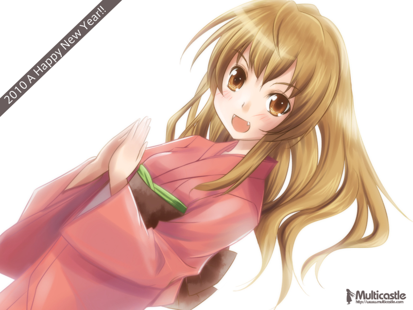 00s, 10s, 2010, aisaka_taiga, brown_eyes, brown_hair, dutch_angle, fang, highres, japanese_clothes, kimono, long_hair, new_year, solo, toradora!, yuunagi_rin
