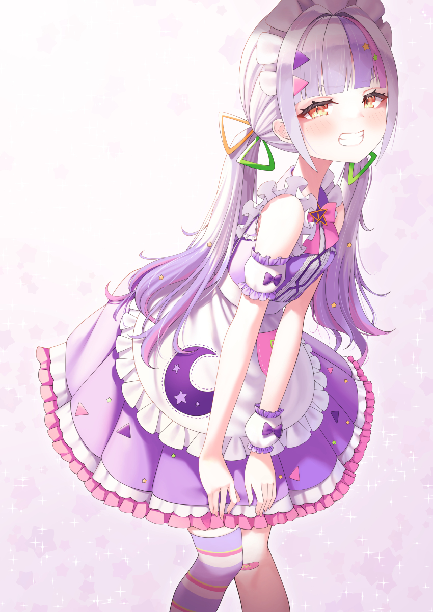 1girl, absurdres, apron, detached_sleeves, frilled_apron, frills, gradient_hair, grin