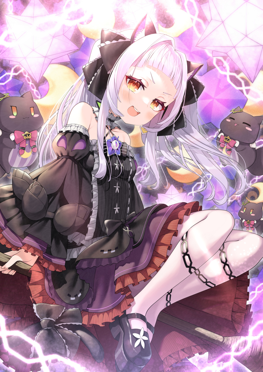 1girl, :d, absurdres, animal_ear_fluff, animal_ears, black_dress, black_shoes, black_sleeves