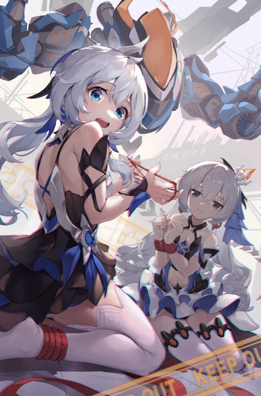 2girls, :d, asc11, bare_shoulders, black_dress, blue_eyes, bronya_zaychik, bronya_zaychik_(herrscher_of_reason)