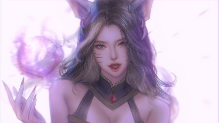 1girl, absurdres, ahri_(league_of_legends), animal_ears, bare_shoulders, blonde_hair, brown_hair, coven_ahri