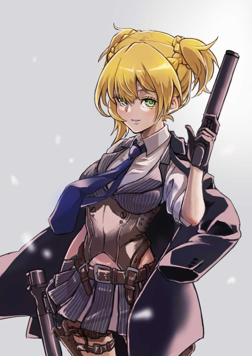 1girl, akaimame, black_gloves, black_jacket, blonde_hair, blue_necktie, bolt_action, breasts