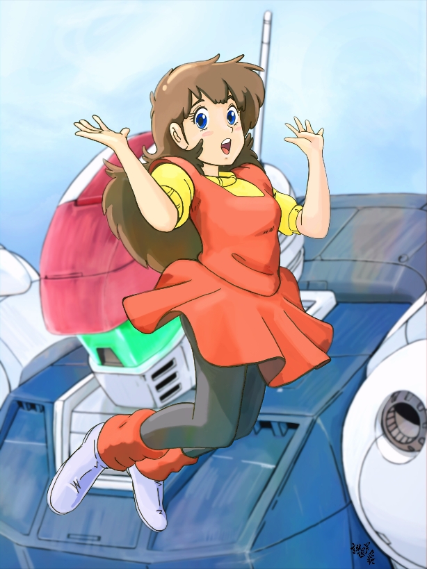 1girl, :d, bad_id, bad_pixiv_id, black_pantyhose, blue_eyes, brown_hair, clare_barbland, dress, ginga_hyouryuu_vifam, hands_up, mecha, moroboshi_danshaku, open_mouth, pantyhose, red_dress, robot, short_sleeves, smile, vifam, white_footwear