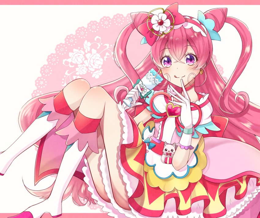 1girl, boots, bow, brooch, choker, cone_hair_bun, cup, cure_precious, delicious_party_precure, dress, frills, glass, gloves, hair_between_eyes, hair_bow, hair_bun, hairband, heart, heart_brooch, highres, jewelry, kome-kome, long_hair, nagomi_yui, pink_background, pink_choker, pink_dress, pink_eyes, pink_hair, pink_theme, precure, sitting, white_footwear, white_gloves, yuramero67