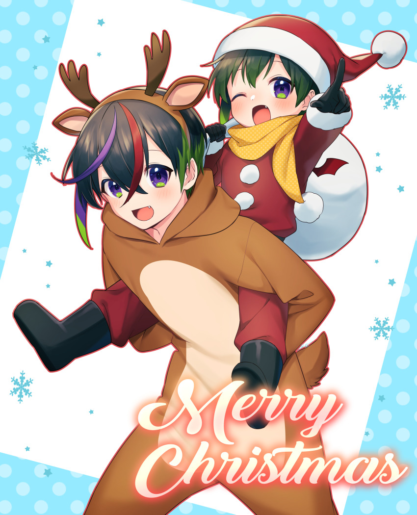 2boys, :d, ;d, absurdres, animal_costume, animal_ears, antlers, black_footwear