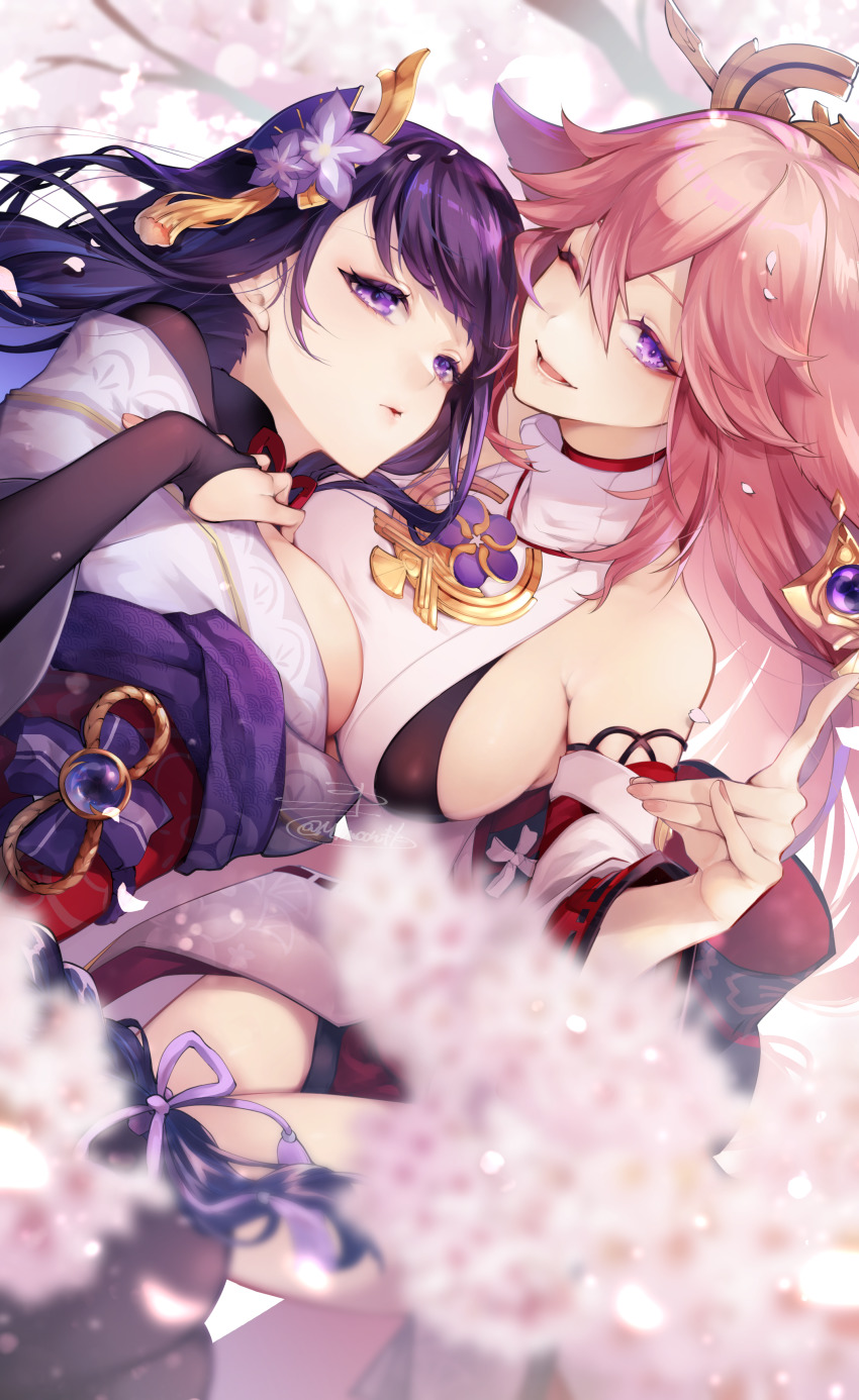 2girls, ;d, absurdres, asymmetrical_docking, bare_shoulders, between_breasts, blurry, blurry_foreground, breast_press, breasts, bridal_gauntlets, cherry_blossoms, detached_sleeves, flower, fox_shadow_puppet, genshin_impact, hair_between_eyes, hair_flower, hair_ornament, hair_ribbon, half-closed_eyes, hand_on_own_chest, highres, japanese_clothes, large_breasts, long_hair, long_sleeves, looking_at_viewer, lying, miko, mimoontk, multiple_girls, one_eye_closed, open_mouth, parted_lips, petals, pink_hair, pink_petals, purple_eyes, purple_flower, purple_hair, purple_ribbon, raiden_shogun, ribbon, sideboob, signature, smile, solo, very_long_hair, yae_miko