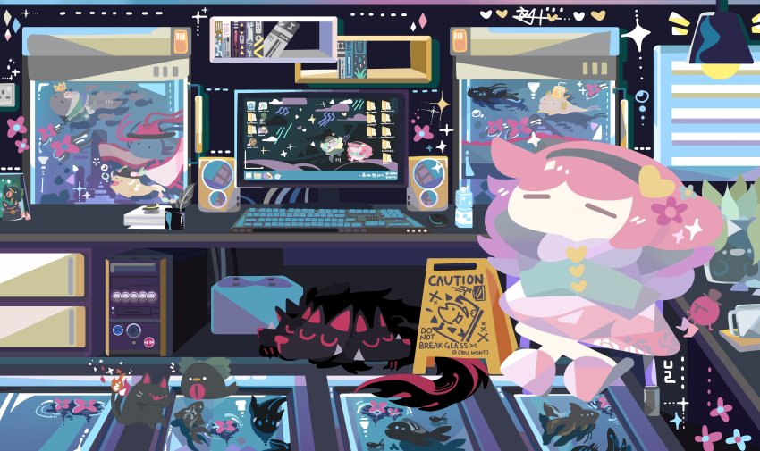 >_<, 1girl, :3, ^_^, absurdly_detailed_composition, absurdres, animal, animal_collar, aquarium, arms_behind_head, bare_legs, bell, bird, black_bird, black_dog, black_footwear, black_fur, black_hairband, black_headwear, blouse, blue_flower, blue_shirt, blush, book, bookshelf, boots, bottle, bottle_cap, bow, broken_glass, bubble, bug, buttons, cable, catfish, ceiling_light, cerberus, closed_eyes, cloud, collar, commentary, computer, computer_keyboard, computer_mouse, computer_tower, cookie_clicker, crown, cup, desk, desktop_(computing), diamond_(shape), diamond_button, dog, dotted_line, drawer, dress, drink_carton, electrical_outlet, english_text, fire, fish, flame-tipped_tail, floral_print, flower, flower_on_liquid, food, frilled_dress, frills, fruit, glass, glass_shards, green_bow, green_dress, green_hair, green_skirt, hagoromo, hairband, hammer, happy, hat, hat_ribbon, heart, heart_button, heart_of_string, highres, hinanawi_tenshi, hinanawi_tenshi_(catfish), indoors, inkwell, jitome, juice, juice_box, junko_(touhou), kaenbyou_rin, kaenbyou_rin_(cat), koi, komeiji_koishi, komeiji_koishi_(rock), komeiji_satori, lamp, leaf, leaning_back, leaning_on_object, light_bulb, loaded_interior, long_hair, medibang_paint_(medium), meme, monitor, mozilla_firefox, mug, multiple_tails, nagae_iku, nagae_iku_(fish), neck_bell, no_mouth, notice_lines, oarfish, object_on_head, open_mouth, orange_(fruit), orange_juice, paper, paper_stack, peach, pebble, picture_frame, pink_flower, pink_hair, pink_skirt, pink_slippers, plant, potted_plant, quill, rain, recycle_bin, red_bow, red_eyes, red_ribbon, reiuji_utsuho, reiuji_utsuho_(bird), ribbon, rock, rose_print, shawl, shelf, shirt, sign, signature, skirt, sleeping, slippers, smile, solo, sparkle, speaker, spider, sticker, stool, tail, terraria, thatpebble, third_eye, top_hat, touhou, two_tails, ventilation_shaft, wakasagihime, wakasagihime_(fish), warning_sign, water, whiskers, yellow_ribbon, yellow_shirt