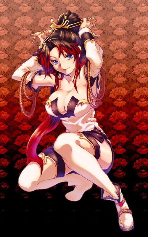 1girl, bad_id, bad_pixiv_id, banpresto, black_hair, breasts, cleavage, female_focus, julion_(akesuzu), large_breasts, multicolored_hair, nanbu_kaguya, red_hair, solo, super_robot_wars, super_robot_wars_og_saga_mugen_no_frontier, thighhighs, two-tone_hair