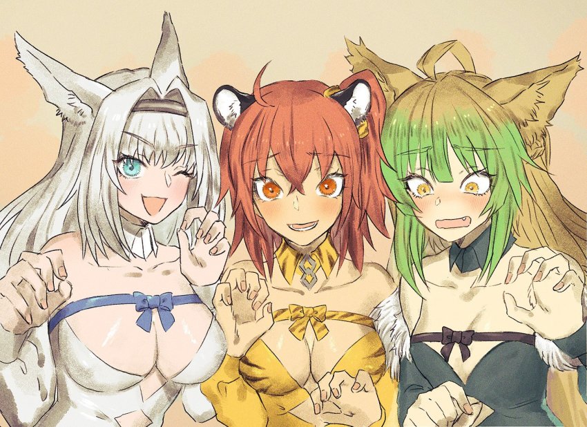 3girls, ahoge, alternate_costume, animal_ears, animal_print, atalanta_(fate), blonde_hair, breasts, claw_pose, cleavage, detached_collar, dobrynya_nikitich_(fate), dobrynya_nikitich_(second_ascension)_(fate), fate/grand_order, fate_(series), fujimaru_ritsuka_(female), gradient_hair, green_hair, hairband, hashira_w, large_breasts, long_hair, matching_outfits, medium_breasts, multicolored_hair, multiple_girls, one_eye_closed, orange_hair, ribbon, small_breasts, tiger_print, white_hair