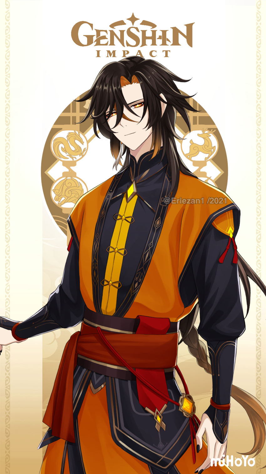 1boy, absurdres, arm_at_side, azhdaha_(genshin_impact), black_nails, black_sleeves, braid, braided_ponytail