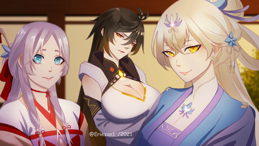 3girls, blonde_hair, blue_eyes, blush, breasts, brown_eyes, brown_hair, choker