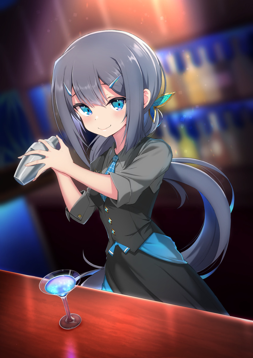 1girl, alternate_costume, black_hair, black_vest, blush, breasts, brown_eyes, cocktail_glass, cocktail_shaker, collared_shirt, cosplay, coyomin, cup, dress_shirt, drinking_glass, fate/kaleid_liner_prisma_illya, fate_(series), grey_shirt, hair_ornament, hairclip, highres, holding, holding_cocktail_shaker, james_moriarty_(archer)_(fate), james_moriarty_(archer)_(fate)_(cosplay), james_moriarty_(gray_collar)_(fate), long_hair, long_sleeves, looking_at_viewer, miyu_edelfelt, necktie, ponytail, shirt, small_breasts, smile, solo, vest