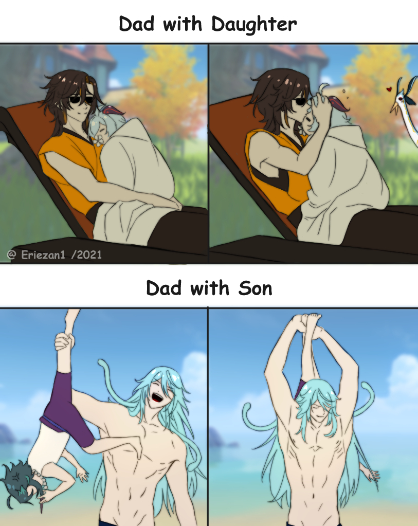 1girl, 3boys, abs, aged_down, ahoge, anger_vein, aqua_hair, azhdaha_(genshin_impact), beach, beach_chair, bead_necklace, beads, blurry, blurry_background, brown_hair, can't_choose_your_own_family, closed_eyes, cloud_retainer_(genshin_impact), collarbone, commentary, curled_horns, eating, english_commentary, english_text, eriezan, flower, ganyu_(genshin_impact), genshin_impact, goat_horns, heart, holding_leg, holding_person, horns, human_vs_asgard_(meme), humanization, in_mouth, jewelry, kiss, kissing_forehead, laughing, long_hair, meme, multicolored_hair, multiple_boys, muscular, muscular_male, navel, necklace, nipples, ocean, orange_hair, osial_(genshin_impact), pectorals, red_horns, ribs, sidelocks, sitting, smile, standing, stomach, sunglasses, topless_male, twitter_username, two-tone_hair, water, white_flower, xianyun_(genshin_impact), xiao_(genshin_impact)