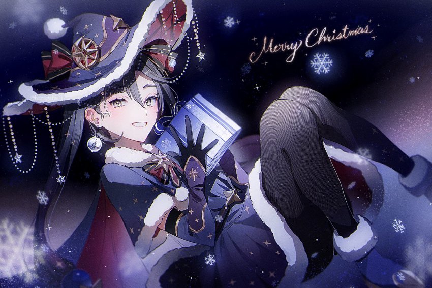 1girl, black_hair, black_pantyhose, blue_gloves, blue_hat, blue_santa_costume, blue_shoes, capelet