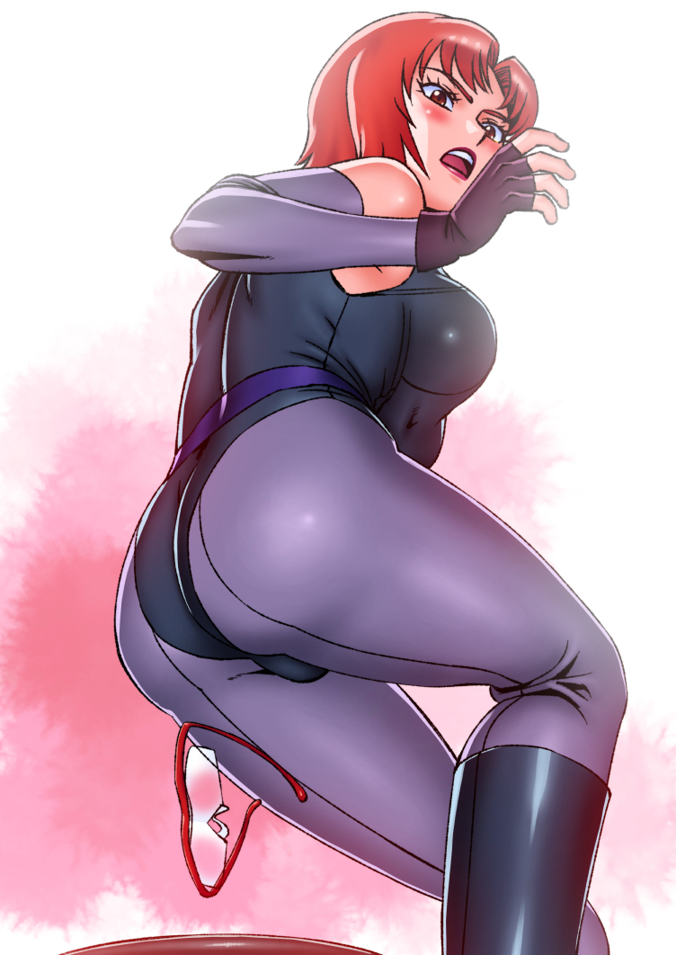 1girl, :d, arm_warmers, ass, black_footwear, black_gloves, blush, breasts, brown_eyes, brown_hair, capcom, dino_crisis, unworn_eyewear, fingerless_gloves, gloves, hazuki_loupe, large_breasts, leotard, matsuda_shin, open_mouth, red_hair, regina_(dino_crisis), simple_background, smile, solo, standing