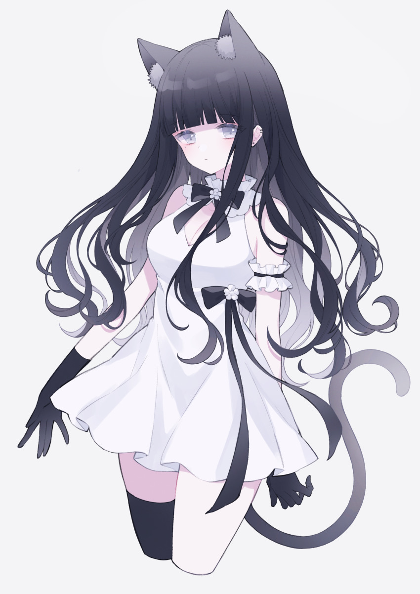 1girl, :|, absurdres, animal_ear_fluff, animal_ears, arms_at_sides, black_bow, black_gloves