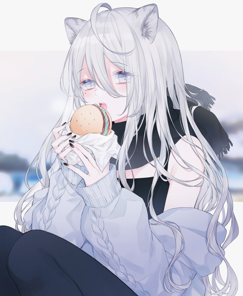 1girl, absurdres, ahoge, animal_ears, bare_shoulders, black_nails, blue_eyes, blue_sweater