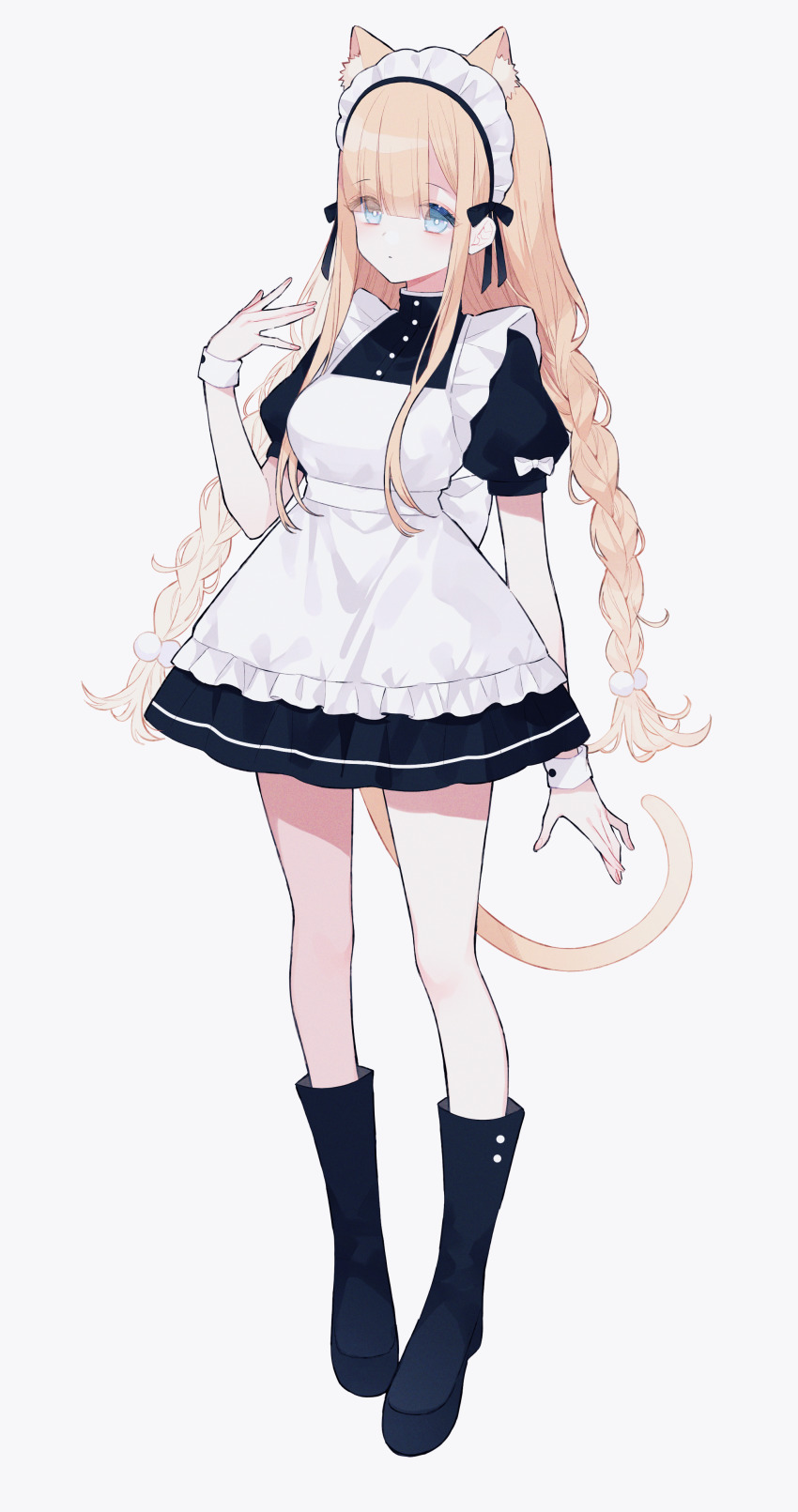 1girl, :|, absurdres, animal_ear_fluff, animal_ears, apron, asymmetrical_bangs, black_boots