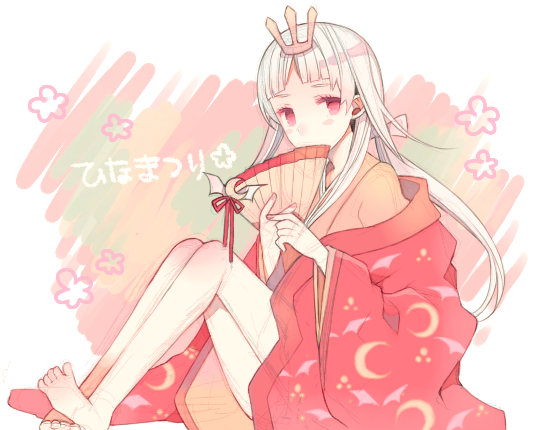 1girl, animal_print, arisie, barefoot, bat_print, crown, feet, folding_fan