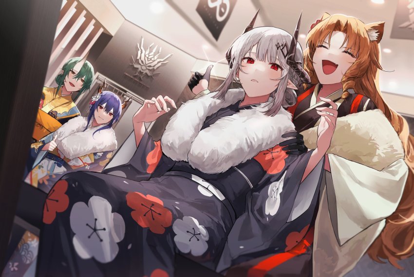 4girls, absurdres, alternate_costume, alternate_hairstyle, animal_ears, arknights, black_gloves, black_kimono
