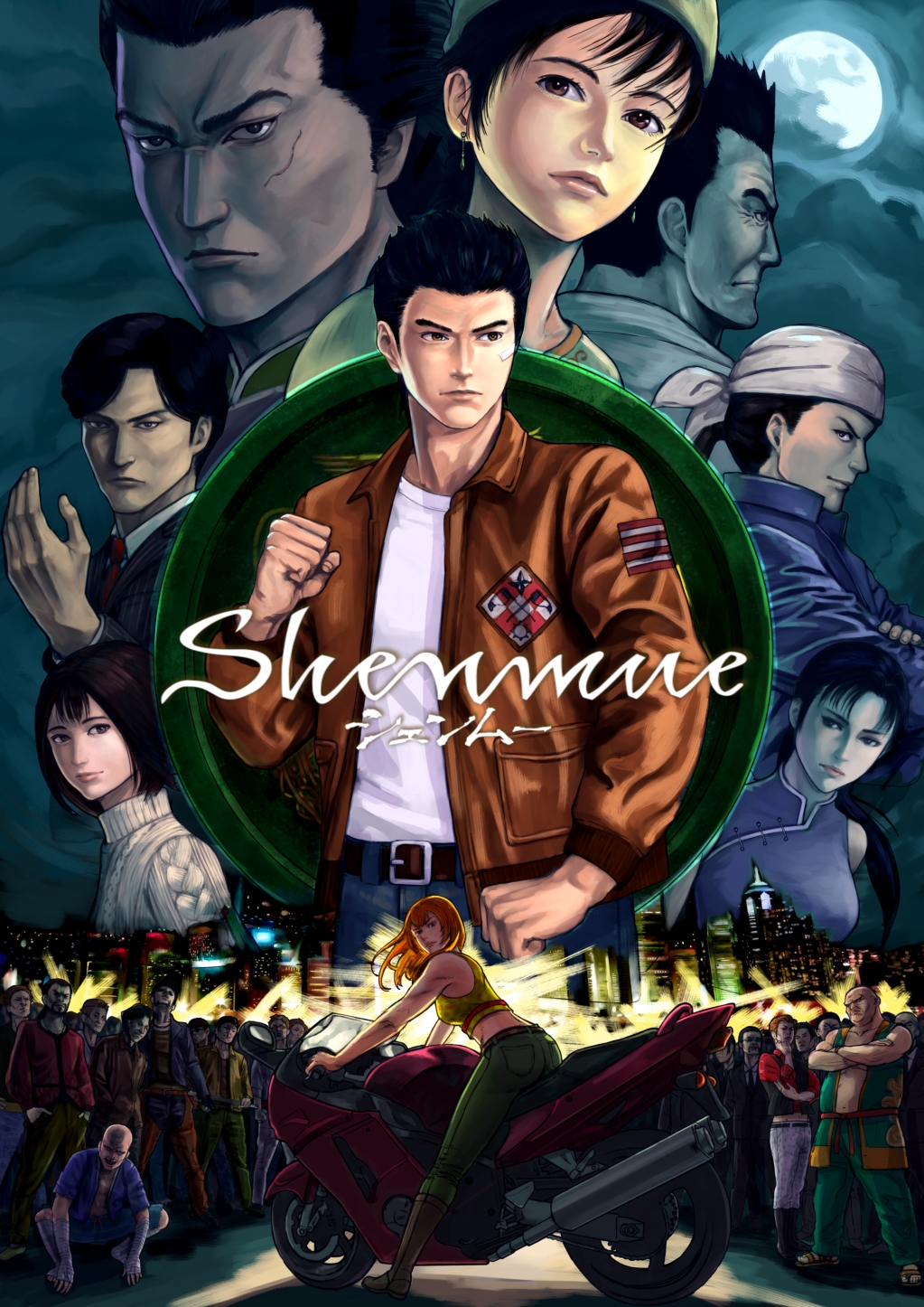 bandaid, brown_eyes, chai_(shenmue), chen_gui_zhang, city_lights, clenched_hand, cloud, dou_niu, fighting_stance, full_moon, harasaki_nozomi, hazuki_iwao, hazuki_ryou, highres, hong_kong, hong_xiu_ying, jacket, joy_(shenmue), lan_di, leather, leather_jacket, ling_shen_hua, logo, moon, motor_vehicle, motorcycle, multiple_boys, multiple_girls, night, ren_wu_ying, sega, shenmue, shenmue_ii, sky, skyline, spiked_hair, spotlight, yorimitsu