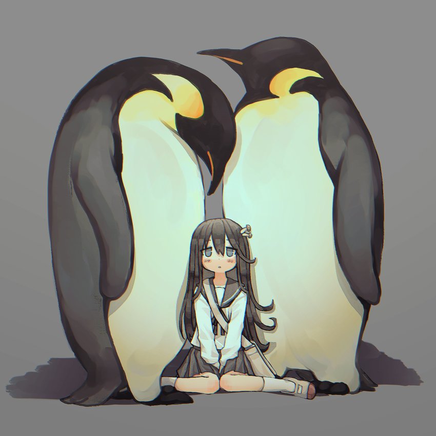 1girl, animal, bag, bird, black_sailor_collar, black_skirt, blue_eyes, blush