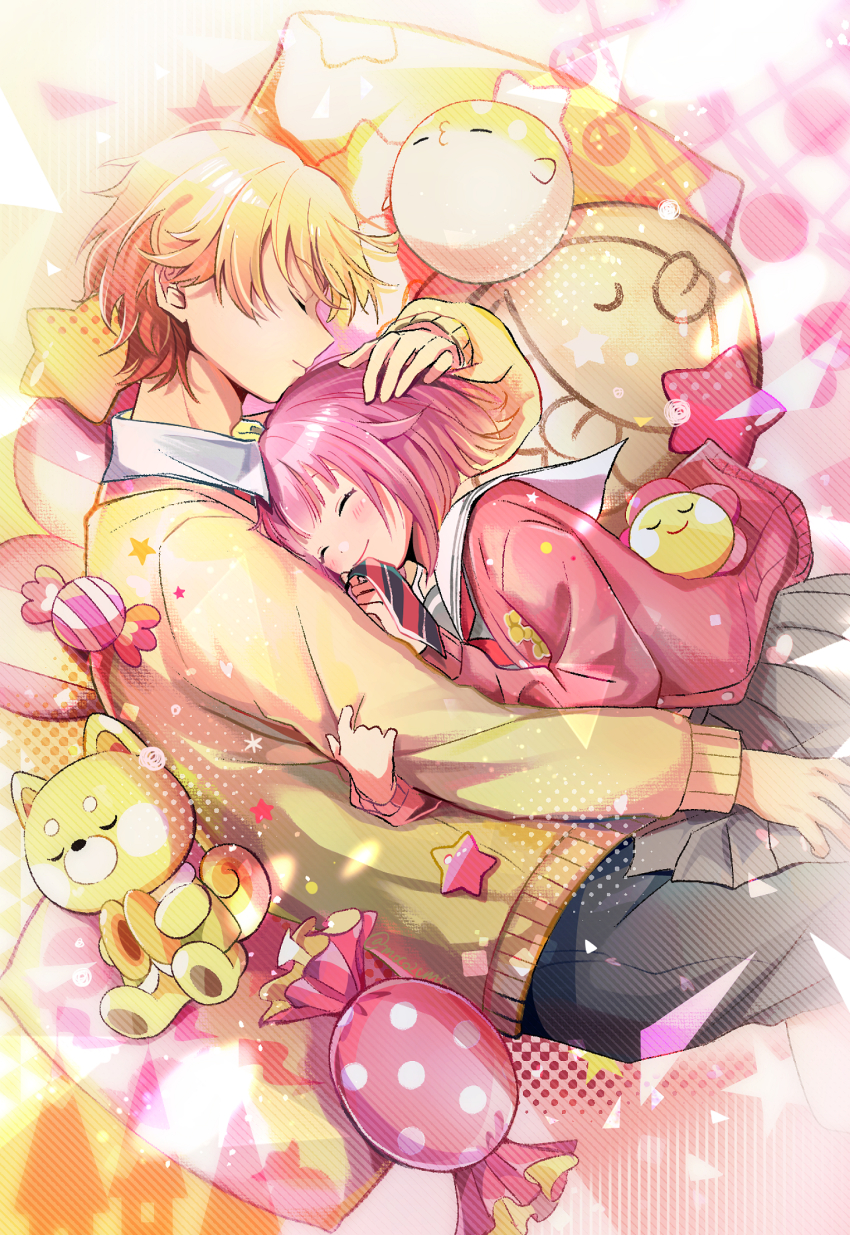 1boy, 1girl, abstract_background, arm_hug, black_necktie, blonde_hair, blush, border