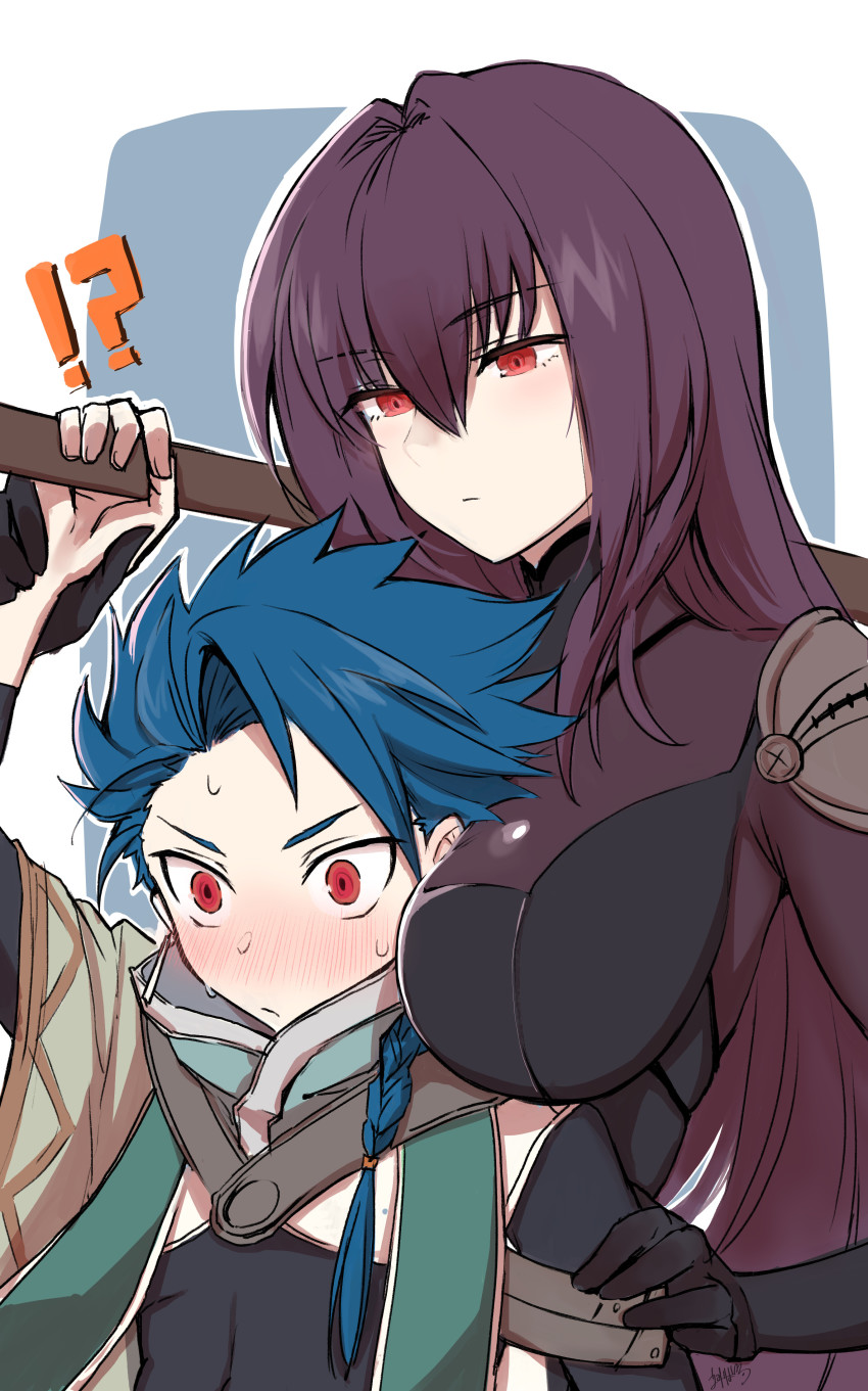!?, 1boy, 1girl, absurdres, age_difference, arm_up, armor, between_breasts, blue_hair, blush, bodysuit, braid, breasts, child, commentary_request, cu_chulainn_(fate), emirio_(emirio110), expressionless, fate/grand_order, fate/grand_order_arcade, fate_(series), hair_between_eyes, hand_on_own_hip, head_between_breasts, height_difference, highres, holding, holding_weapon, large_breasts, long_hair, long_sleeves, nose_blush, onee-shota, purple_bodysuit, purple_hair, red_eyes, scathach_(fate), setanta_(fate), side_braid, spiked_hair, sweat, two-tone_background, upper_body, weapon