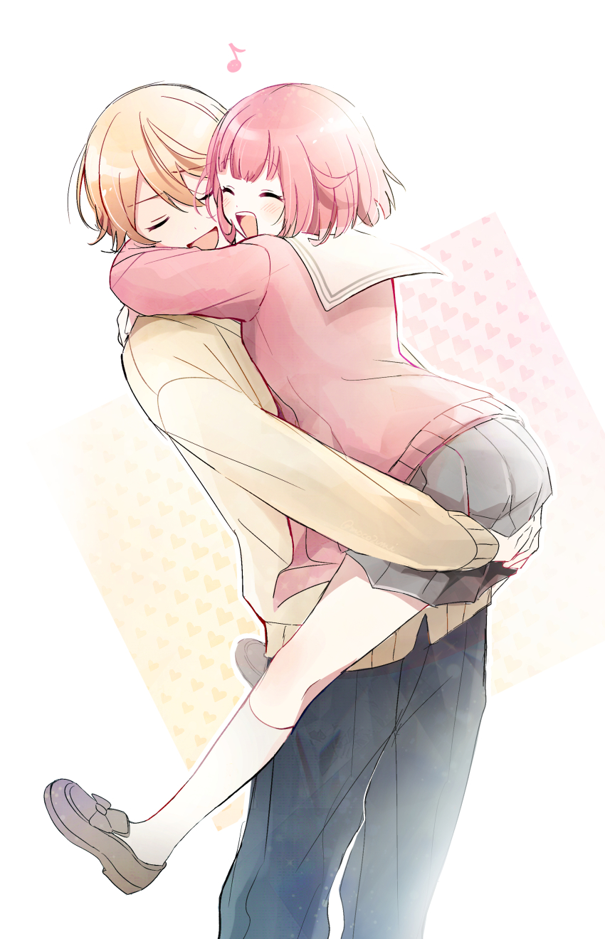 1boy, 1girl, absurdres, arms_around_neck, blonde_hair, brown_footwear, carrying, closed_eyes