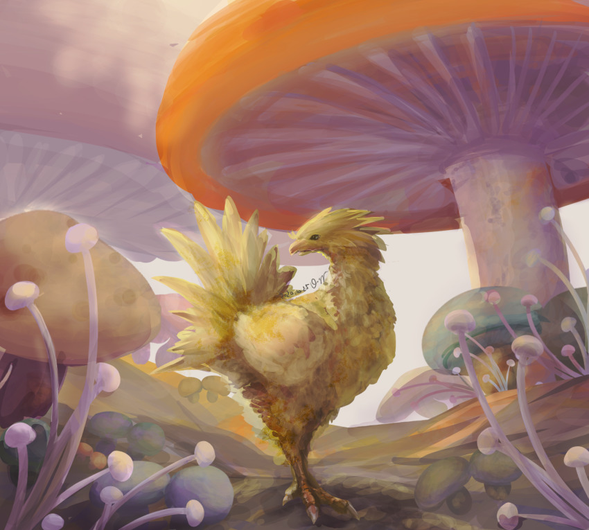 animal, animal_focus, chocobo, commentary, fantasy, final_fantasy, highres, hill, mushroom, no_humans, signature, simple_background, standing, undersized_animal, user_spka2845, white_background