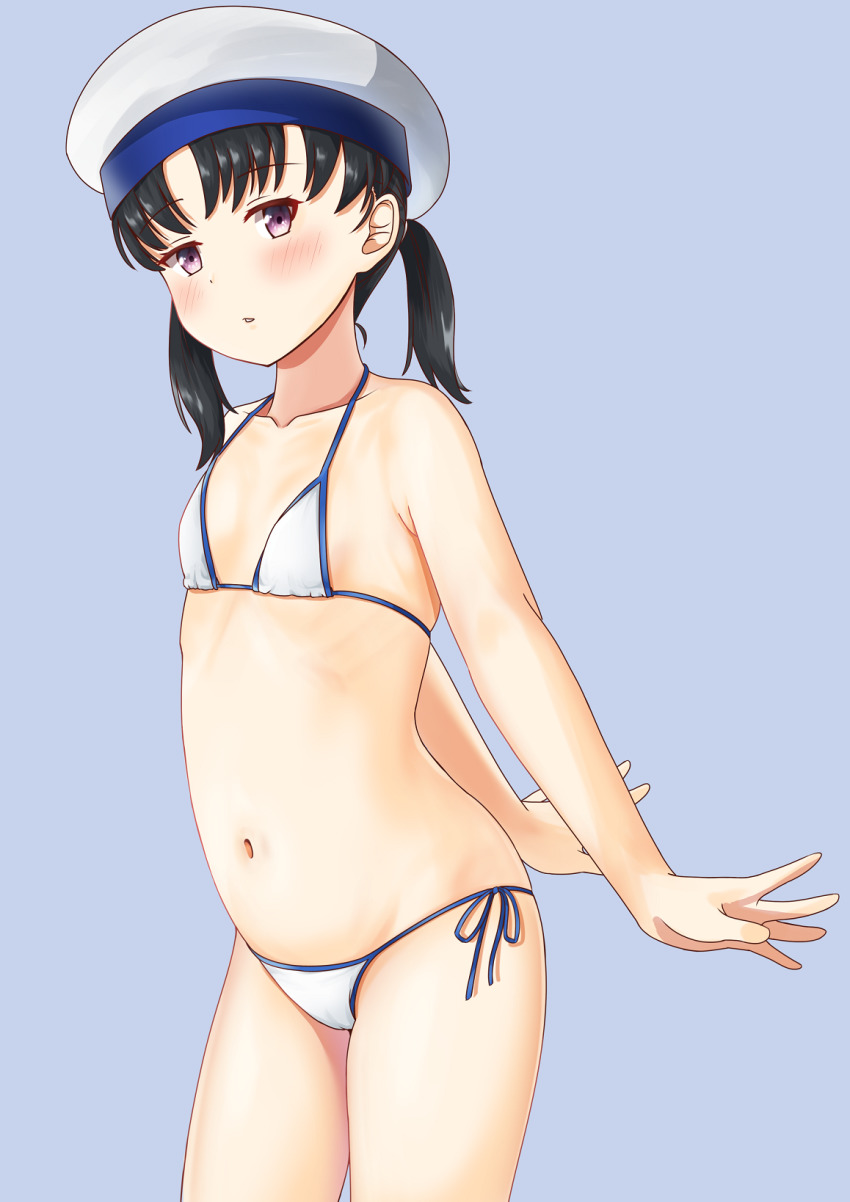 1girl, bare_arms, bare_legs, bare_shoulders, bikini, black_hair, blue_background, blush, collarbone, cowboy_shot, hat, highres, kantai_collection, medium_hair, navel, parted_lips, purple_eyes, sailor_hat, shounan_(kancolle), simple_background, solo, swimsuit, twintails, white_bikini, white_hat, zuki