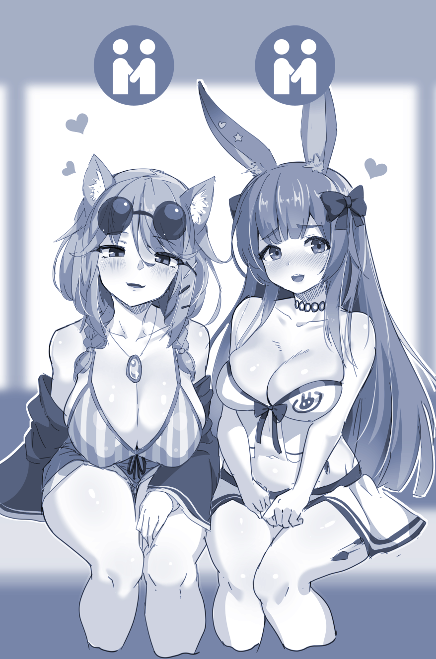 2girls, :d, animal_ear_fluff, animal_ears, arknights, ayagi_daifuku, bare_arms, bare_shoulders, bikini, bikini_skirt, blue_theme, blush, bow, braid, breasts, cleavage, collarbone, cropped_legs, eyewear_on_head, hair_bow, heart, highres, hug, invisible_chair, jewelry, large_breasts, leaning_forward, long_hair, long_sleeves, looking_at_viewer, material_growth, monochrome, multiple_girls, navel, necklace, nose_blush, official_alternate_costume, open_clothes, open_mouth, oripathy_lesion_(arknights), purple_theme, rabbit_ears, rope_(arknights), rope_(summer_flowers)_(arknights), round_eyewear, short_shorts, shorts, sitting, skindentation, smile, stomach, straight_hair, strapless, strapless_bikini, striped_bikini, striped_clothes, sunglasses, swept_bangs, swimsuit, twin_braids, utage_(arknights), utage_(summer_flowers)_(arknights), vertical-striped_bikini, vertical-striped_clothes, very_long_hair