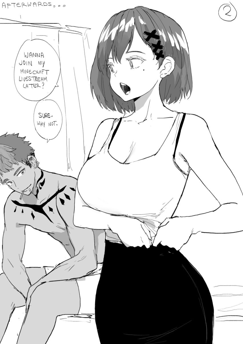 1boy, 1girl, bare_arms, bare_shoulders, bra_strap, breasts, cigarette, cleavage