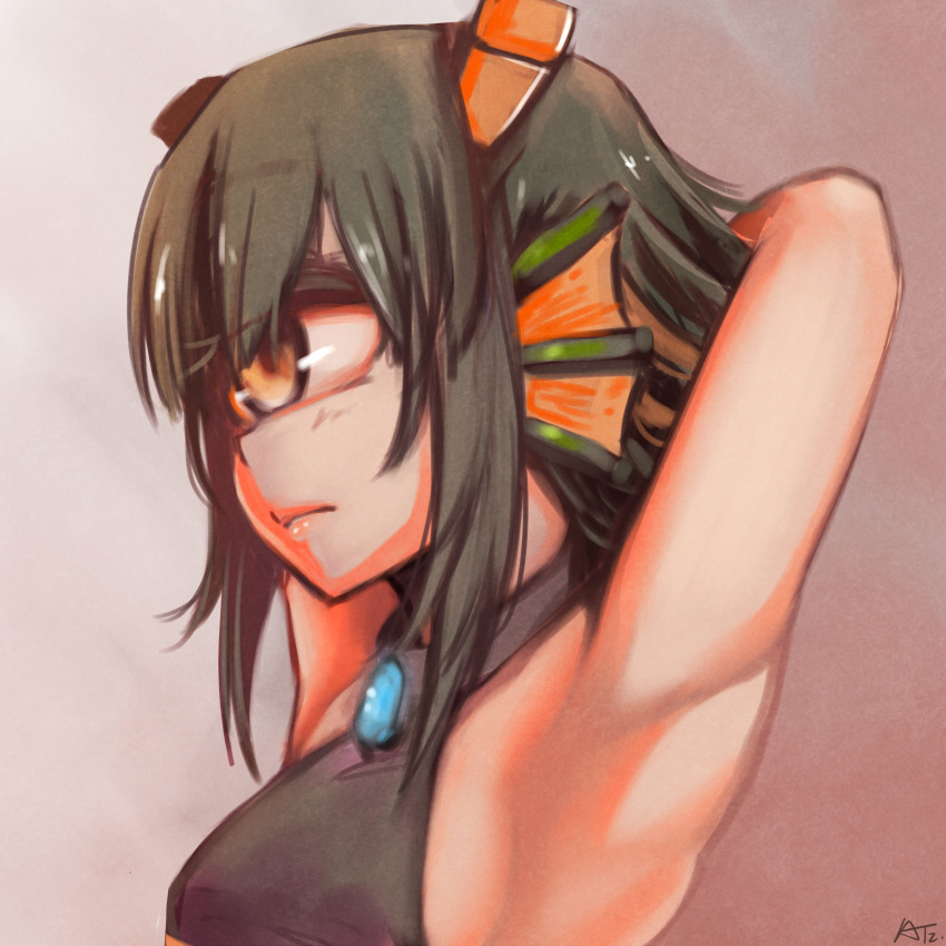 1girl, absurdres, armpits, arms_behind_head, arms_up, at2., black_hair, brown_eyes
