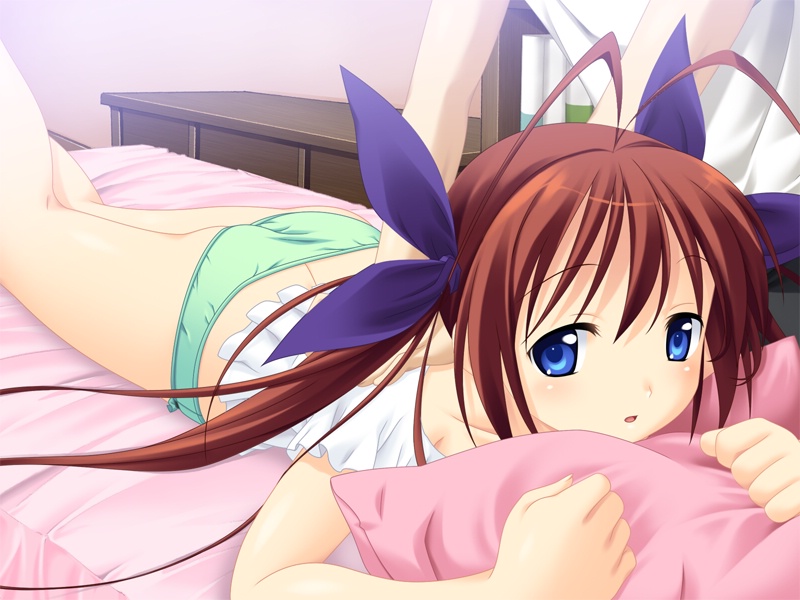 1girl, antenna_hair, ass, bed, blue_eyes, brown_hair, female_focus, game_cg, green_panties, hair_ribbon, hugging_object, long_hair, lying, massage, mizuki_kotora, on_stomach, oumi_risa, panties, pillow, pillow_hug, ribbon, solo, twintails, underwear, wanko_to_kurasou