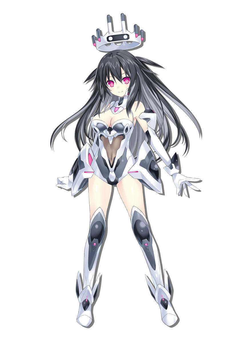 1girl, alpha_transparency, armor, armored_boots, armored_leotard, artist_request, bare_shoulders, black_hair, boots, breasts, choujigen_game_neptune_sisters_vs_sisters, cleavage, clothing_cutout, collar, crown, dot_nose, drop_shadow, elbow_gloves, floating_hair, floating_headgear, full_body, gloves, gray_sister_(neptunia), grey_boots, grey_leotard, hair_between_eyes, headgear, highres, knee_boots, leotard, long_hair, looking_at_viewer, medium_breasts, multicolored_boots, multicolored_leotard, navel, neptune_(series), official_art, power_symbol-shaped_pupils, purple_eyes, simple_background, smile, solo, standing, stomach_cutout, symbol-shaped_pupils, tachi-e, transparent_background, two-tone_boots, two-tone_leotard, white_boots, white_gloves, white_headwear, white_leotard