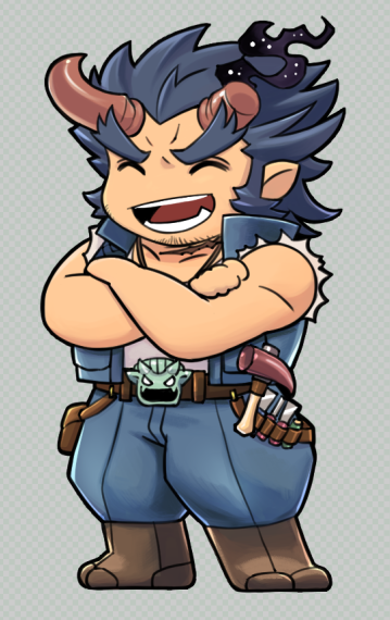 1boy, ^_^, bara, bare_arms, broken_horn, chibi, closed_eyes, crossed_arms